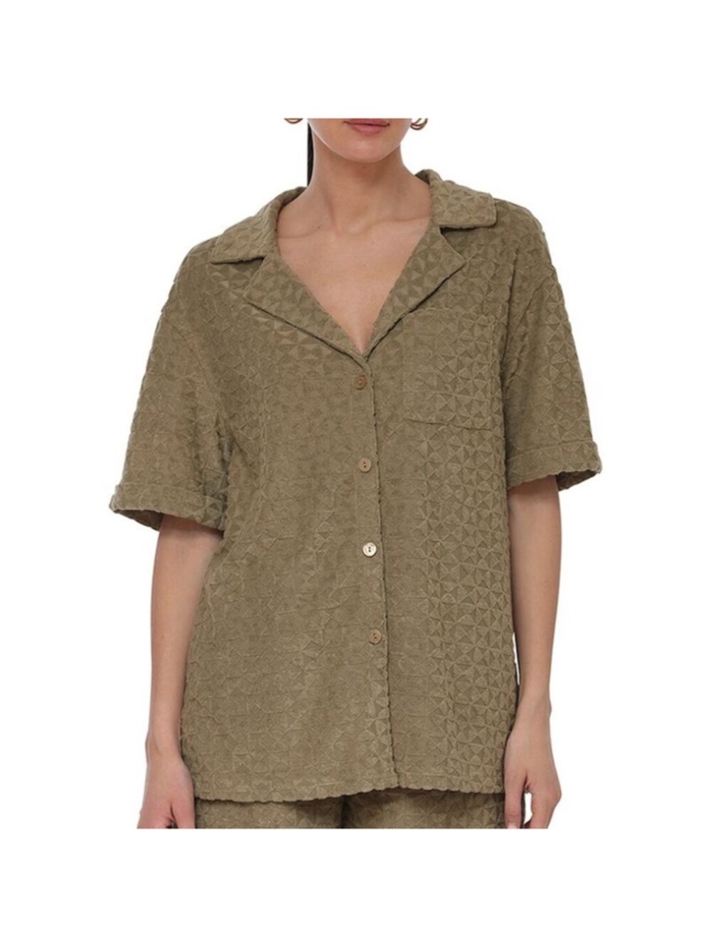 Avec Les Filles Textured Button Down Shirt S Triangle Terrycloth Olive Diamond